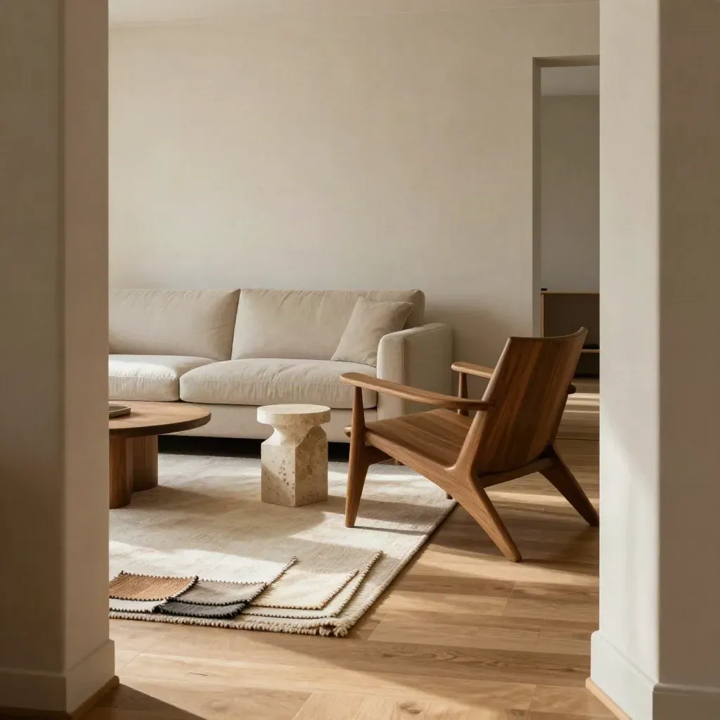 Curated sofa, lounge chair, side table and rug samples in a pale modern living room.