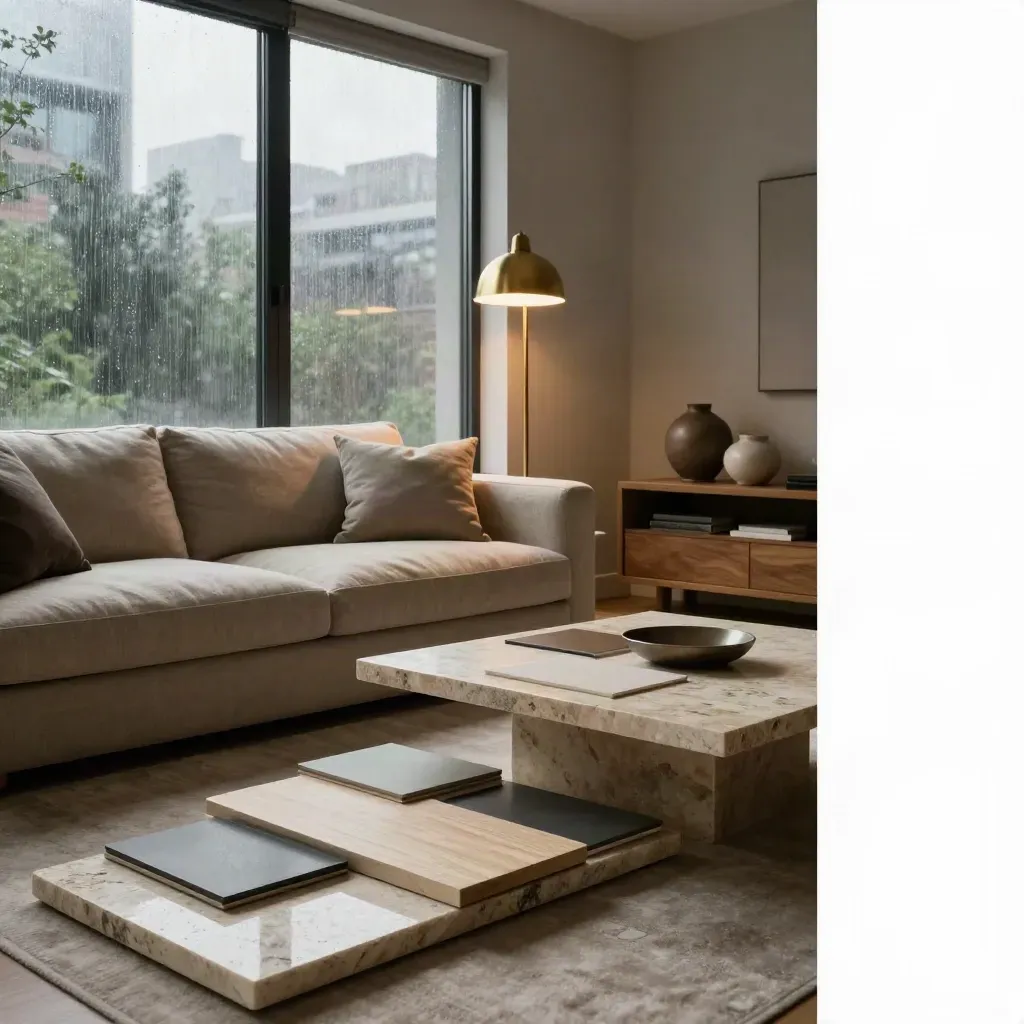Toronto condo living room with linen sofa, brass lamp, stone table and finish samples in rainlit haze.