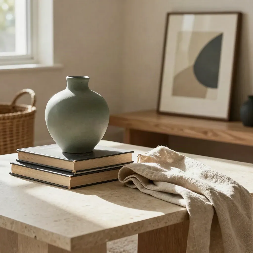 Styled shelf and coffee table vignette with vase, books, throw, and leaning art