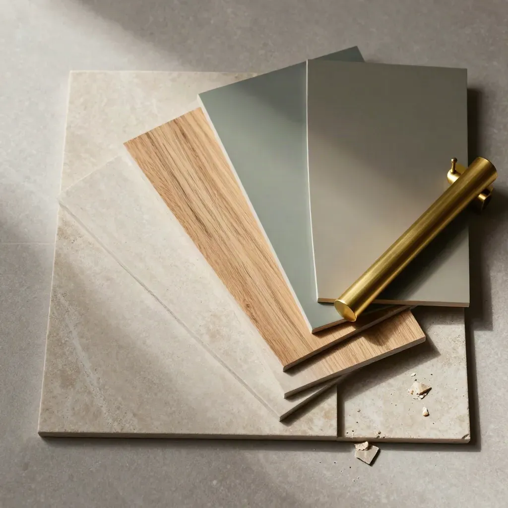 Top-down renovation mood board with tile, oak veneer, brass and paint samples on stone.
