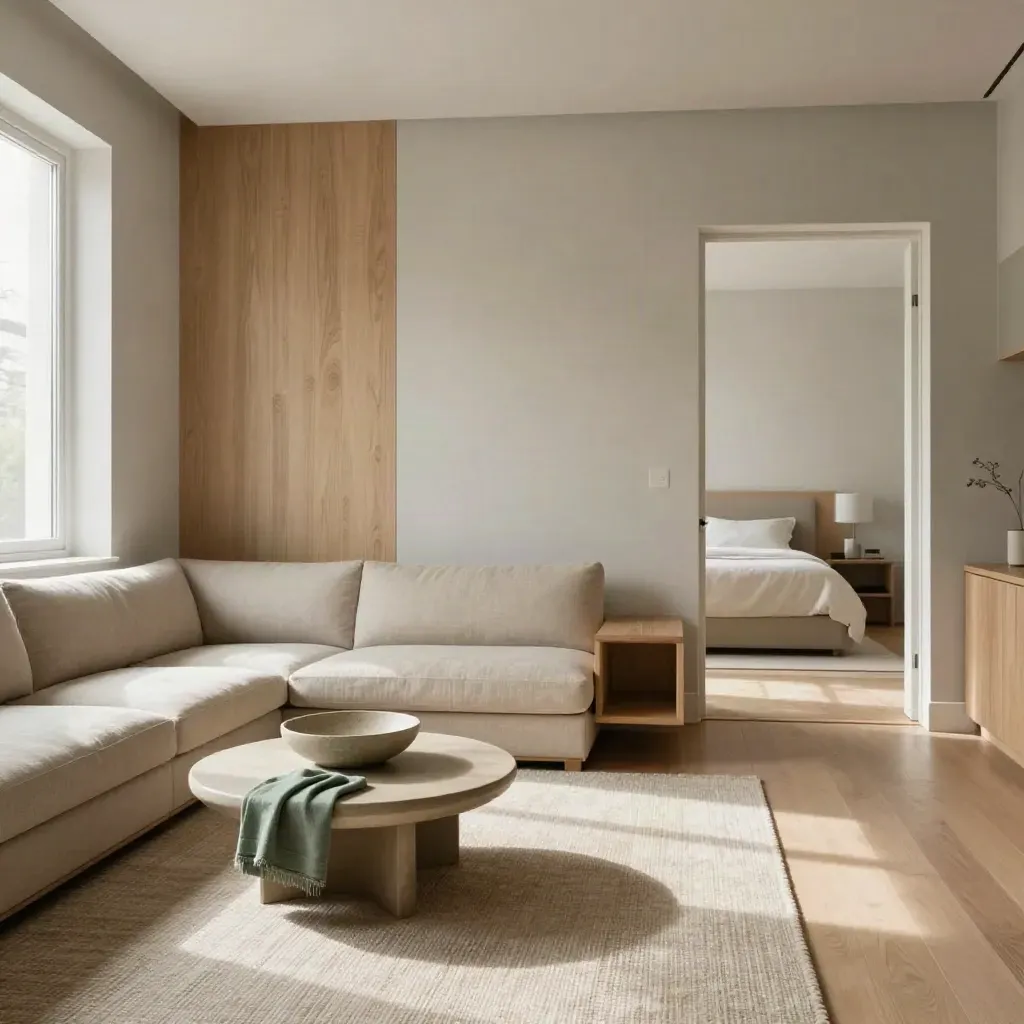 Warm condo living room with slim sectional, oak media shelf, and bright bedroom doorway