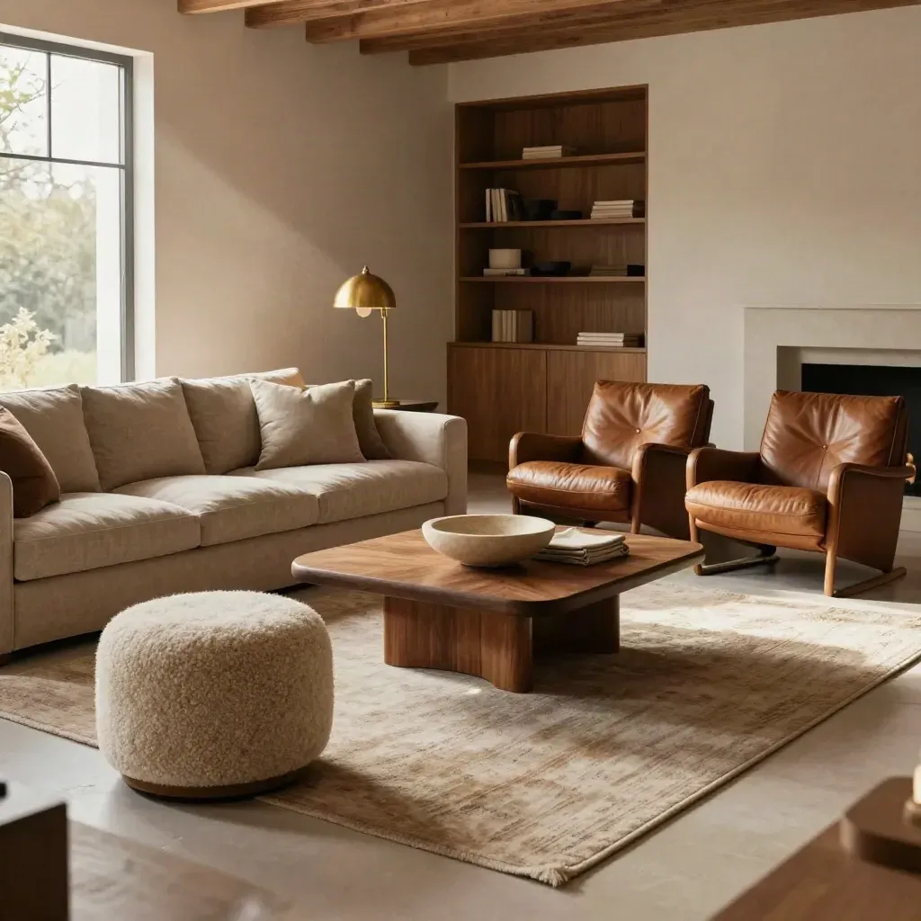 Cozy family room with sofa, lounge chairs, ottoman, rug, and brass lamp in warm daylight.