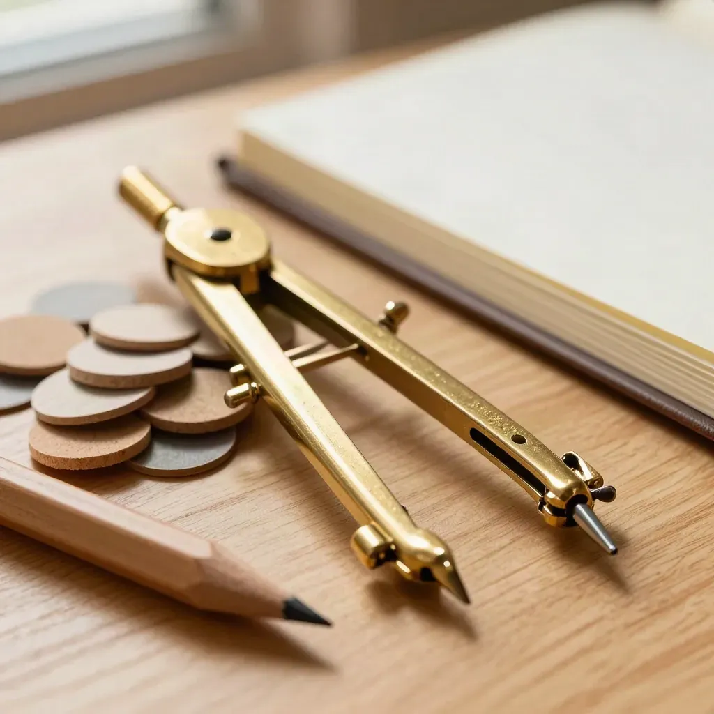 Brass drafting compass, finish chips, pencil stub, and sample book on an oak desk