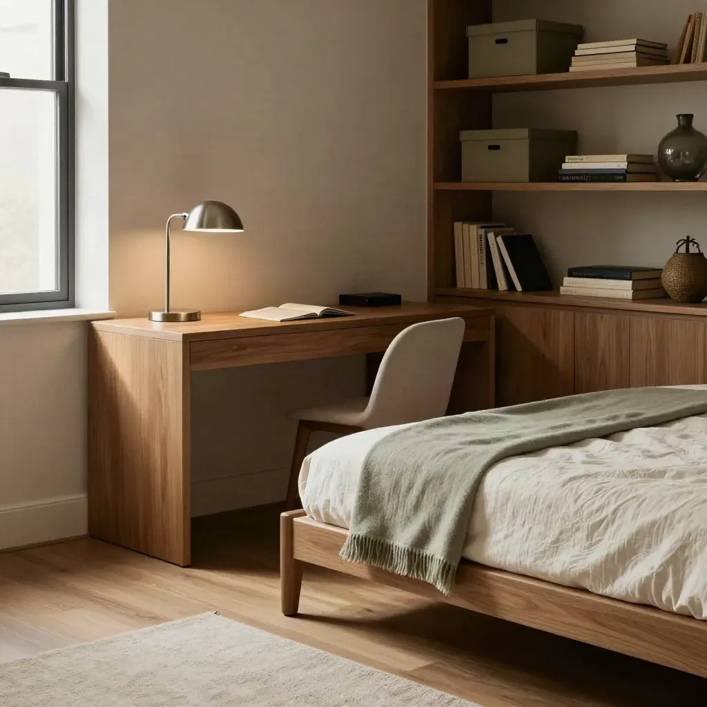 Warm oak guest room office combo with daybed, desk, shelving, and soft daylight