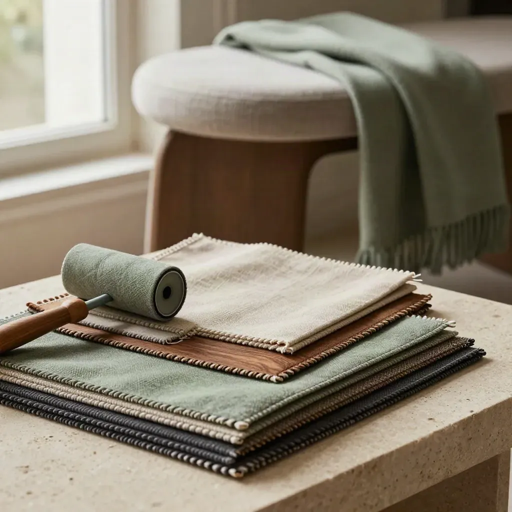 Upholstery swatches, fabric roller, stool edge, and folded throw on a linen bench in dramatic light.