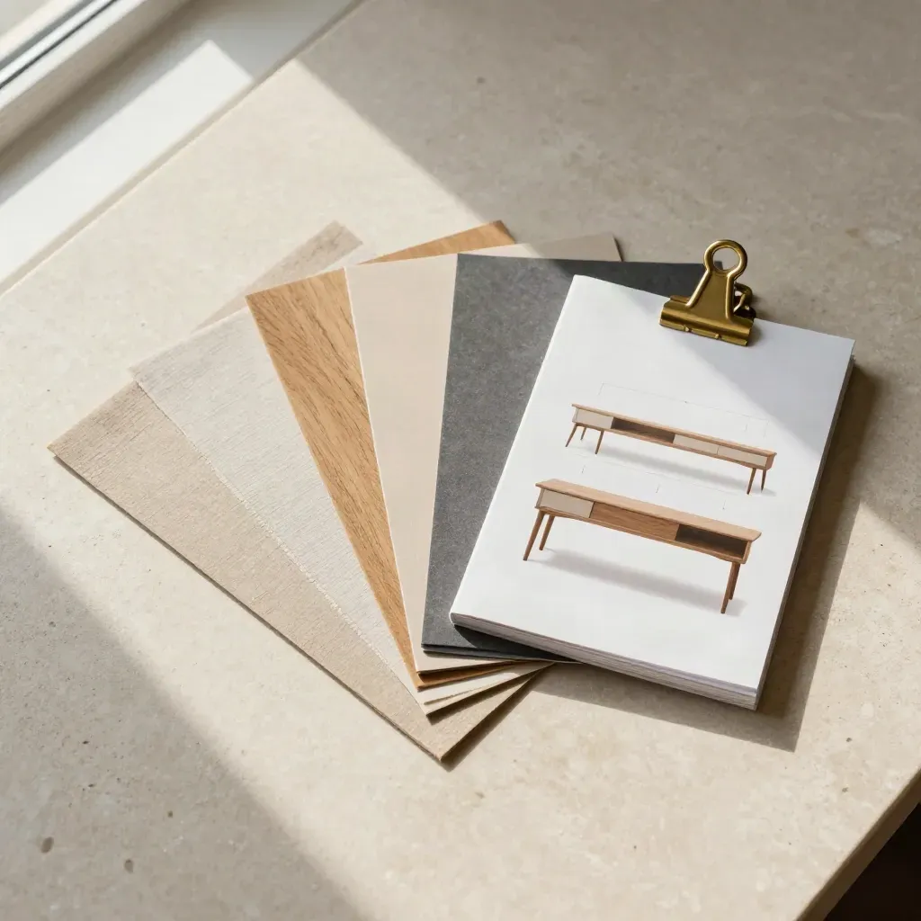 Overhead planning flatlay with swatches, miniature furniture silhouettes, and a closed sample book.