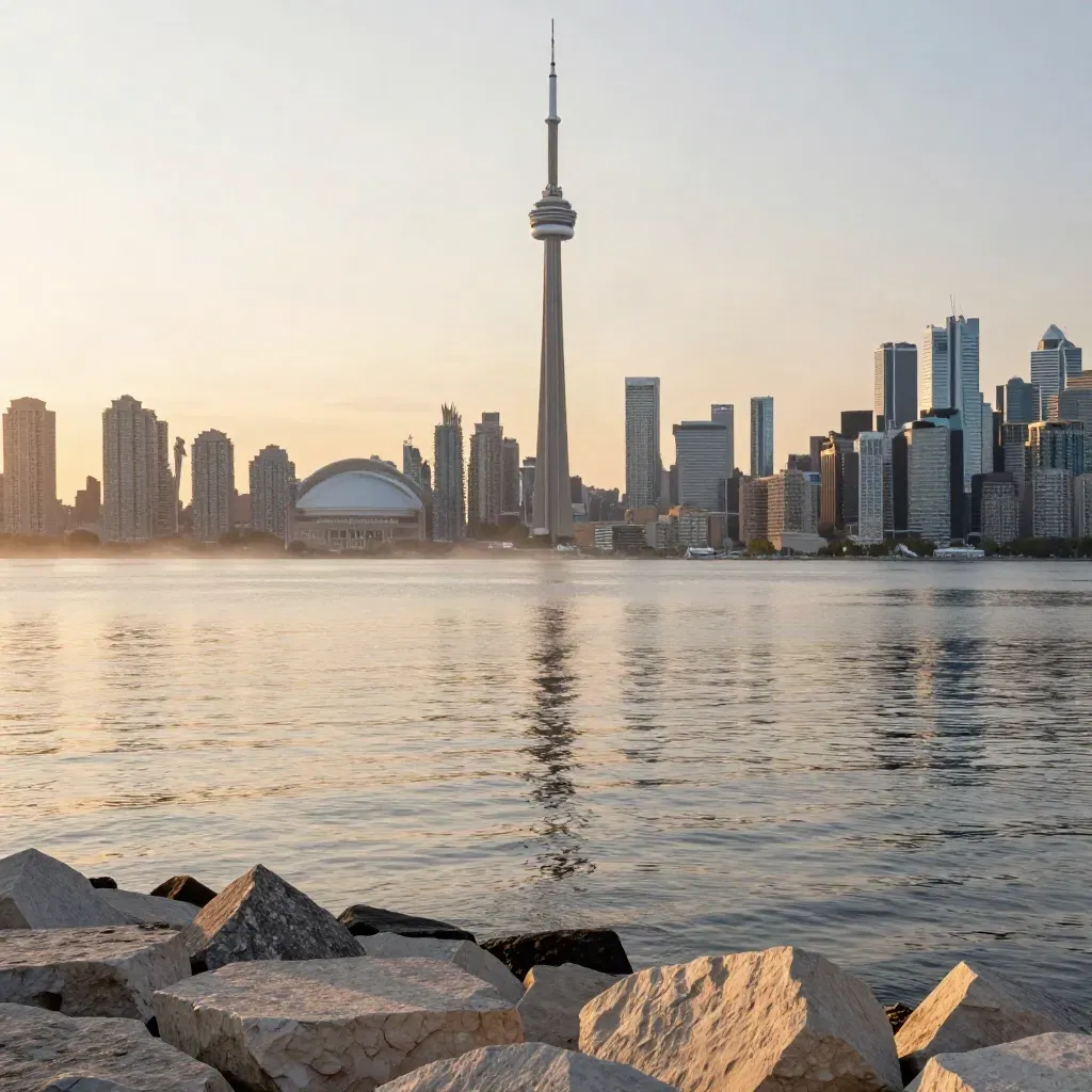 Toronto skyline above Lake Ontario at sunset with calm water and warm haze