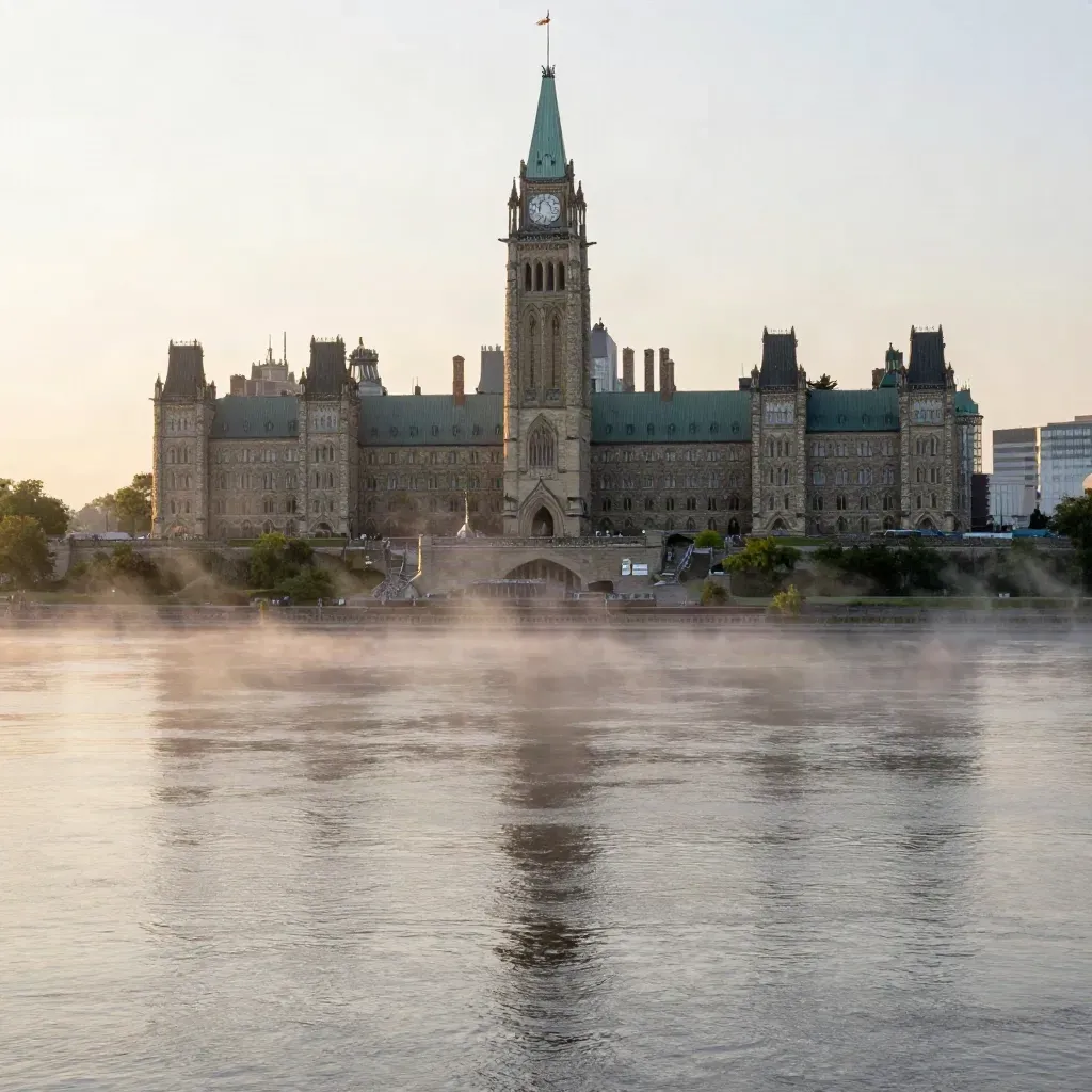 Parliament Hill rises above the misty Ottawa River at sunrise, with calm water and low trees