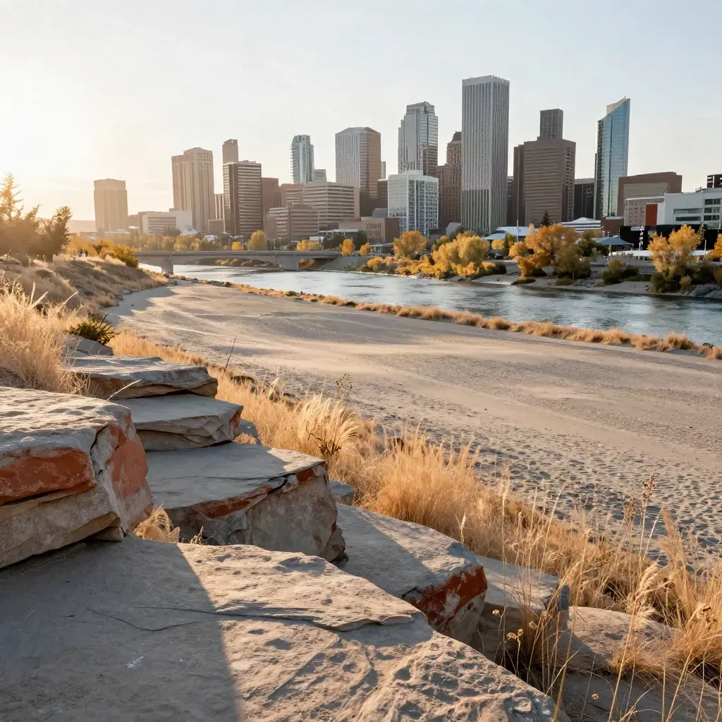 Calgary skyline high above the Bow River with prairie grass and warm western haze