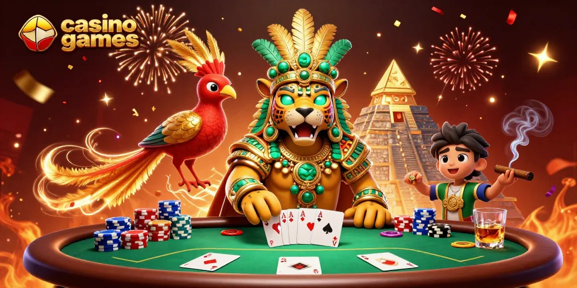 Engage with casino games, featuring a Mayan priest, poker chips, and celebratory elements.