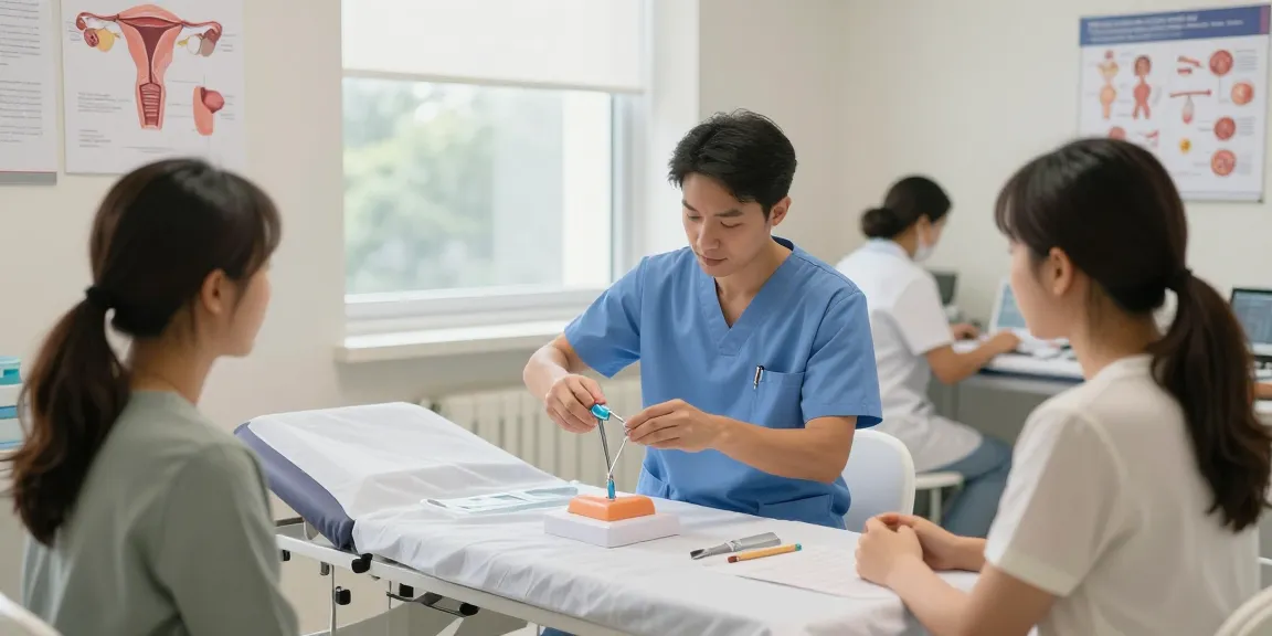 Healthcare professional demonstrating vaginal speculum usage in a gynecological exam room.